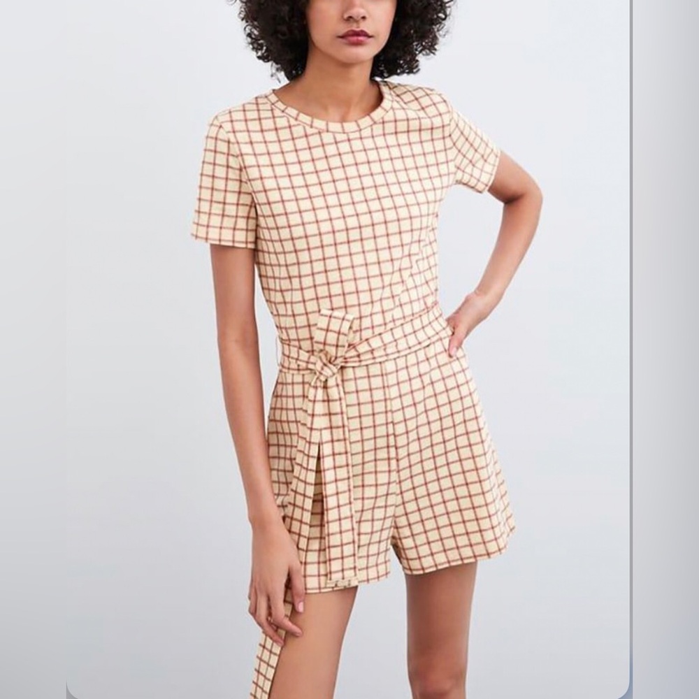 Zara Plaid Belted Romper Minimalist Boho Playsuit Jumpsuit Preppy Academia Y2K